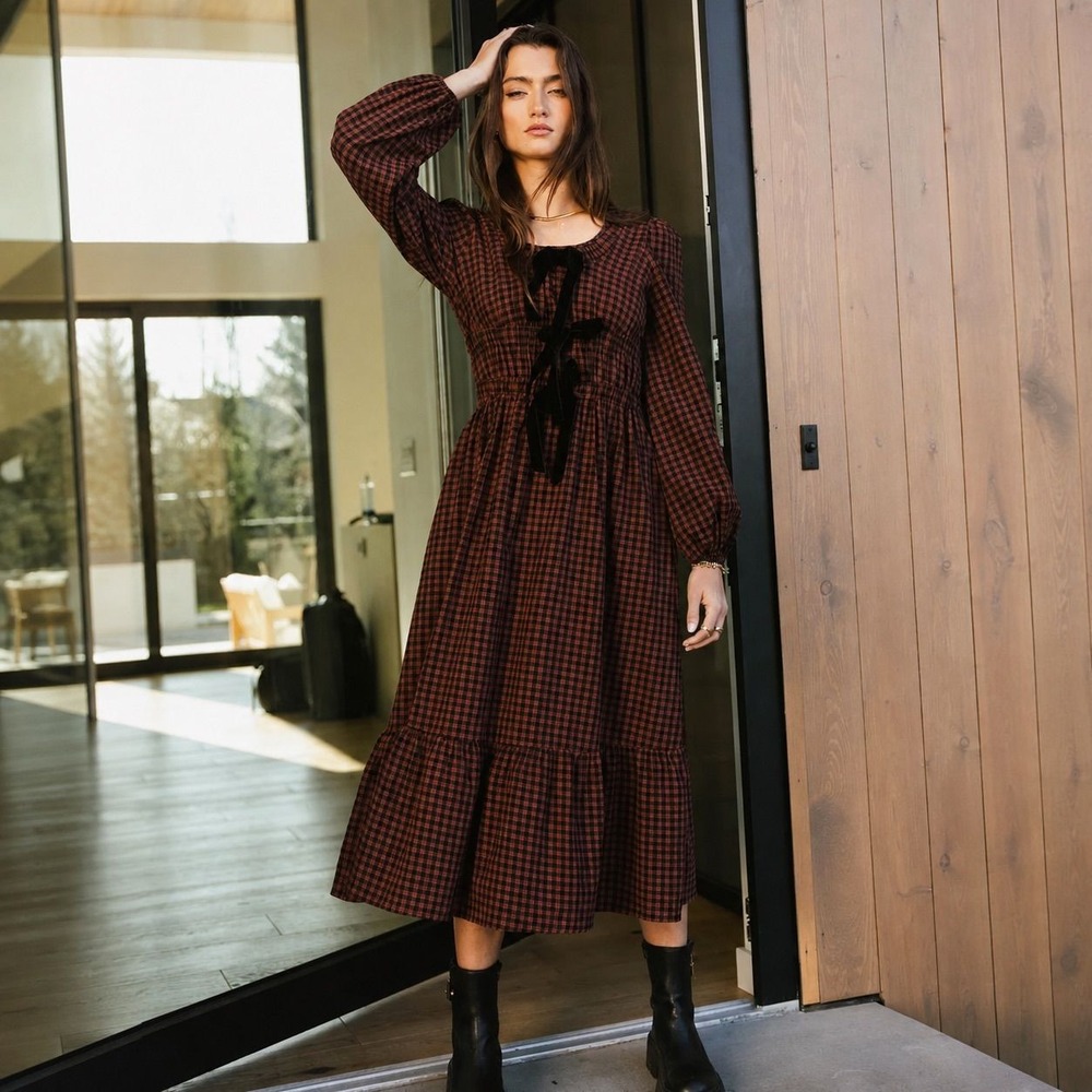 Bohme Gingham Plaid Maxi Dress Size XL Chocolate Brown Velvet Bow Peasant Boho